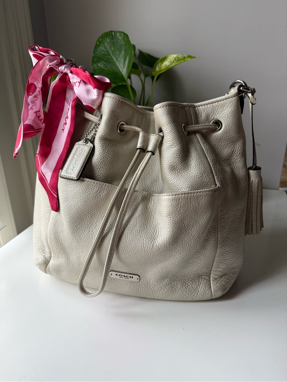 Coach Avery (Ivory color) Pebbled Leather Drawstring Bucket Bag with Pink Scarf